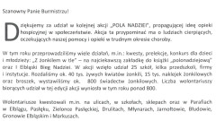 Podziękowanie Stowarzyszenia na Rzecz Hospicjum Elbląskiego za udział w akcji "POLA NADZIEI"