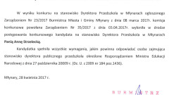 Informacja o rozstrzygnięciu konkursu na stanowisko Dyrektora Przedszkola w Młynarach