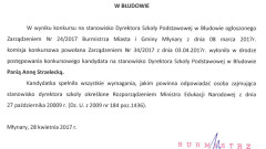Informacja o rozstrzygnięciu konkursu na stanowisko Dyrektora Szkoły Podstawowej w Błudowie