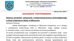 Ogłoszenie - przypomnienie. Dotyczy utrudnień związanych z modernizacją procesu technologicznego w Stacji Uzdatniania Wody w Młynarach.