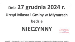Uwaga! W dniu 27 grudnia Urząd Miasta i Gminy w Młynarach bedzie nieczynny.