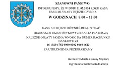 Zmiana godzin pracy kasy urzędu w dniu 31.05.2024 r.