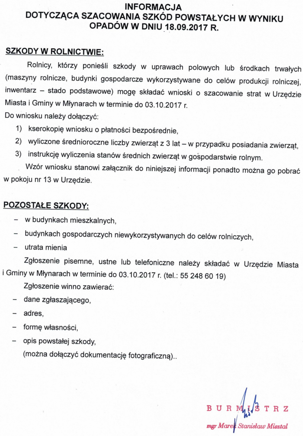 Informacja dotycząca szacowania szkód wyniku opadów w dniu 18.09.2017 r.