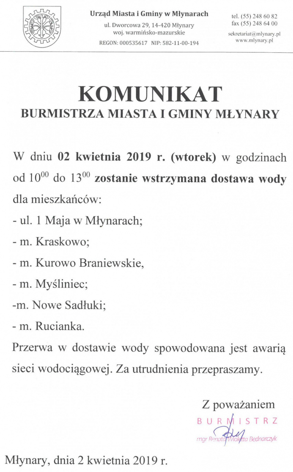 Komunikat w sprawie wstrzymania dostawy wody