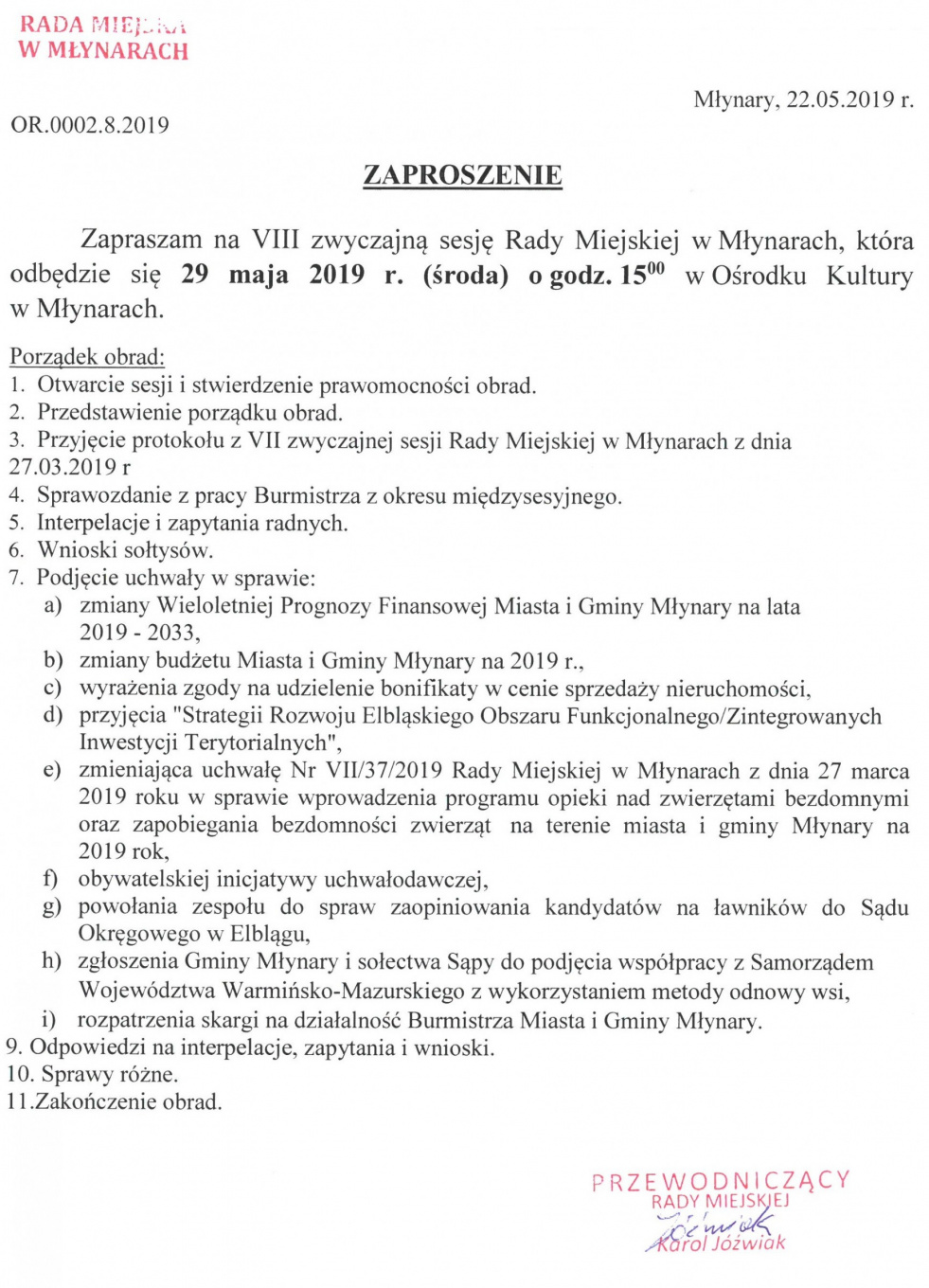 Zaproszenie na VIII Zwyczajną Sesję Rady Miejskiej w Młynarach