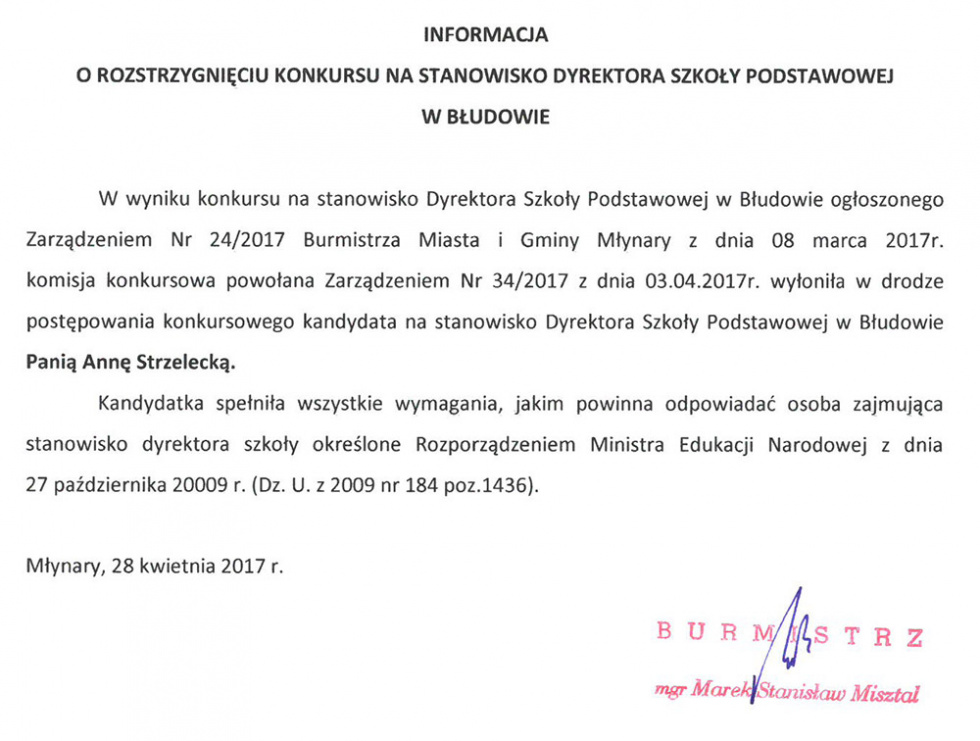 Informacja o rozstrzygnięciu konkursu na stanowisko Dyrektora Szkoły Podstawowej w Błudowie