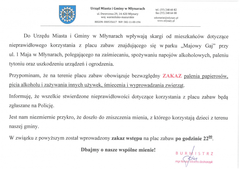 Informacja dot. parku "Majowy Gaj" w Młynarach