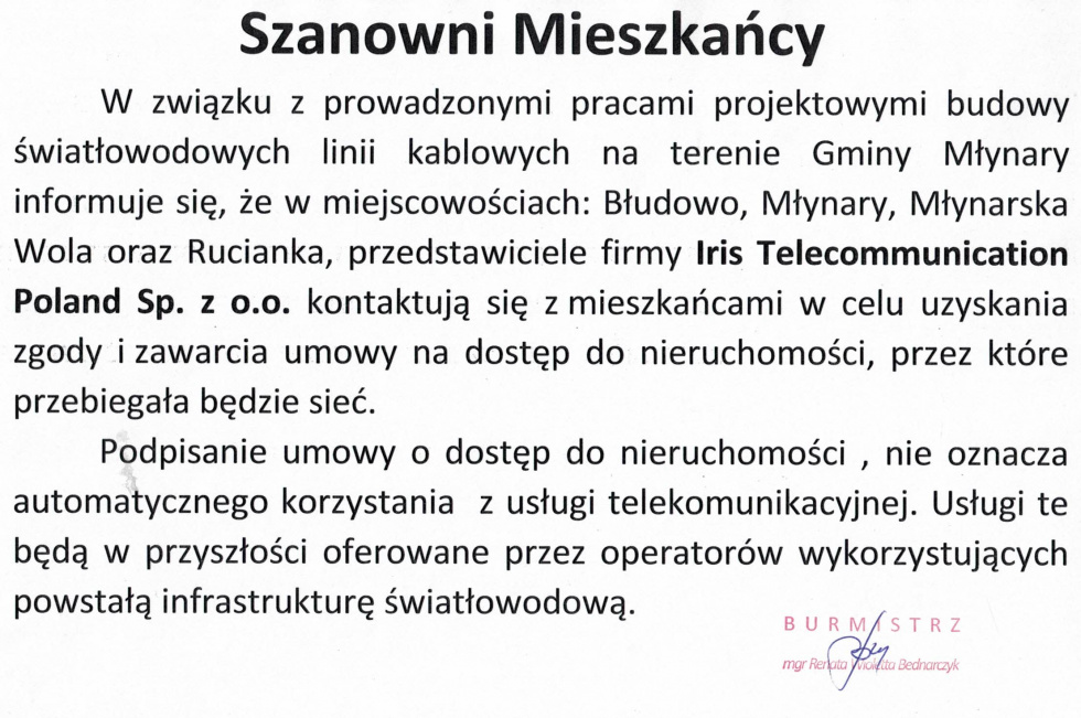 Informcja o prowadzonych pracach projektowych dotyczących budowy sieci szerokopasmowej na terenie Gminy Młynary