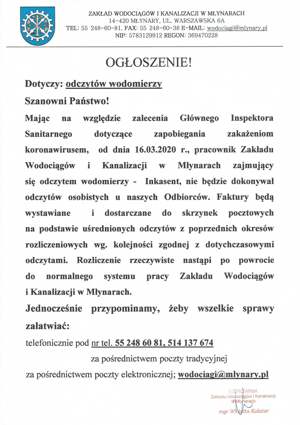 Ogłoszenie dotyczące odczytów wodomierzy