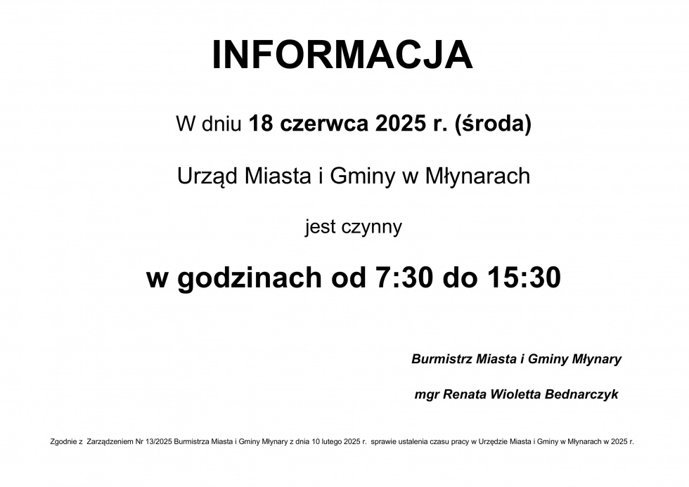Informacja dotycząca godzin pracy urzędu.