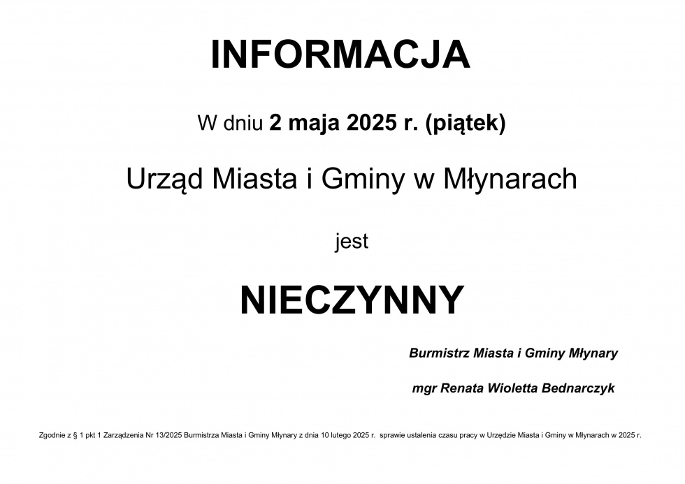 Informacja dotycząca pracy Urzędu Miasta i Gminy w Młynarach.