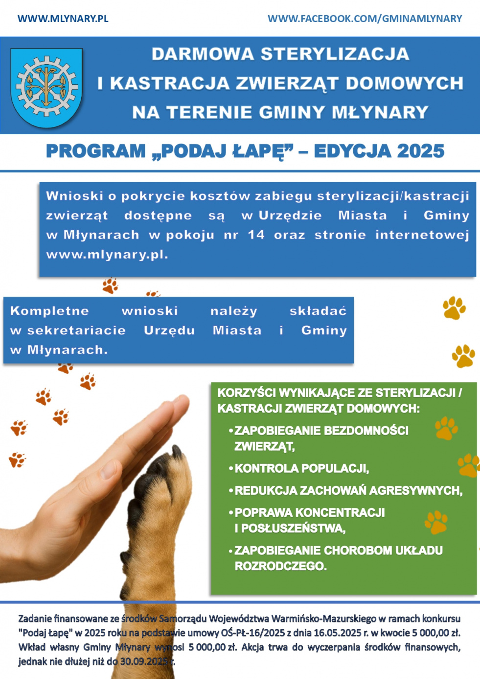 „Kontrola populacji zwierząt domowych na terenie Gminy Młynary poprzez sterylizację i kastrację”– zapraszamy do składania wniosków o sterylizację/kastrację zwierząt domowych.