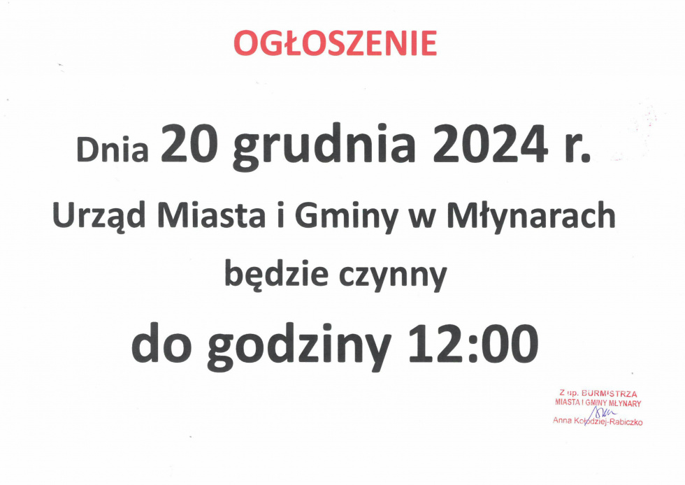 Uwaga! W dniu 20 grudnia Urząd czynny do godziny 12.