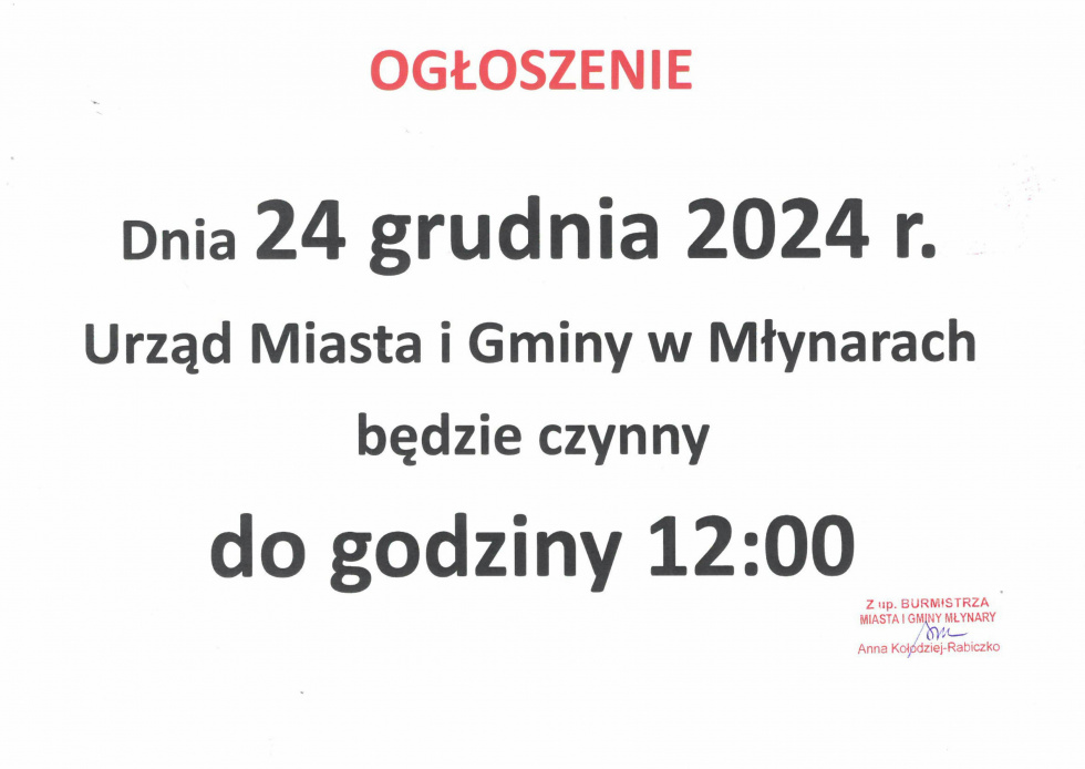 Uwaga! W dniu 24 grudnia Urząd czynny do godziny 12.