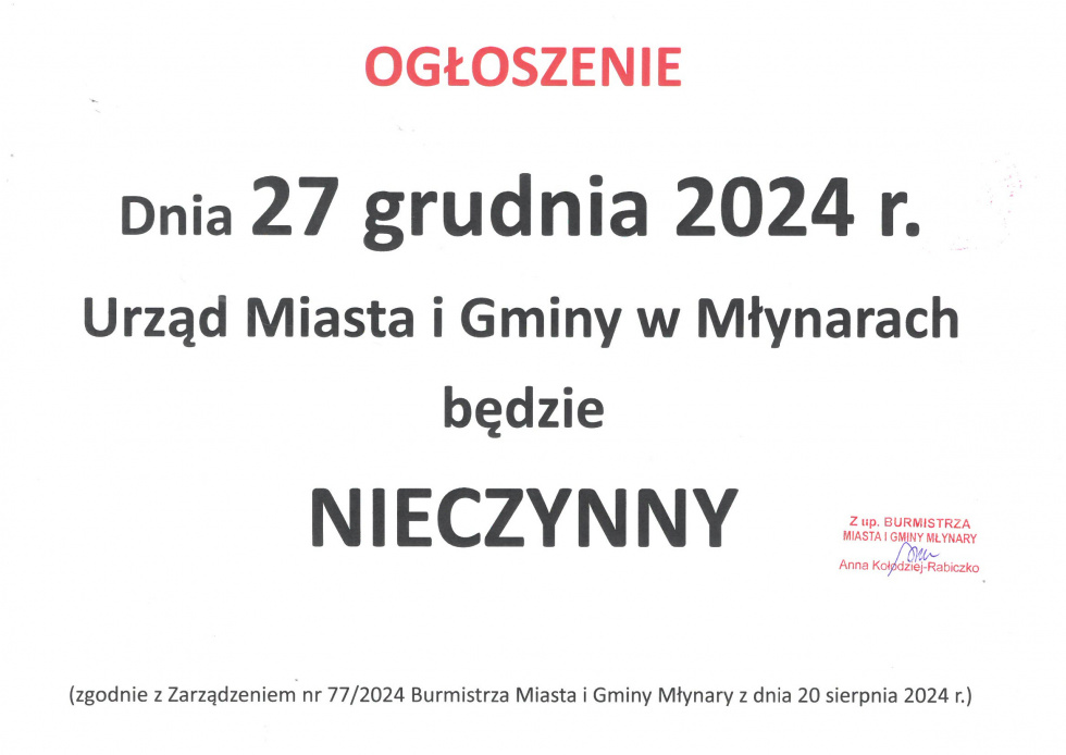 Uwaga! W dniu 27 grudnia Urząd Miasta i Gminy w Młynarach bedzie nieczynny.