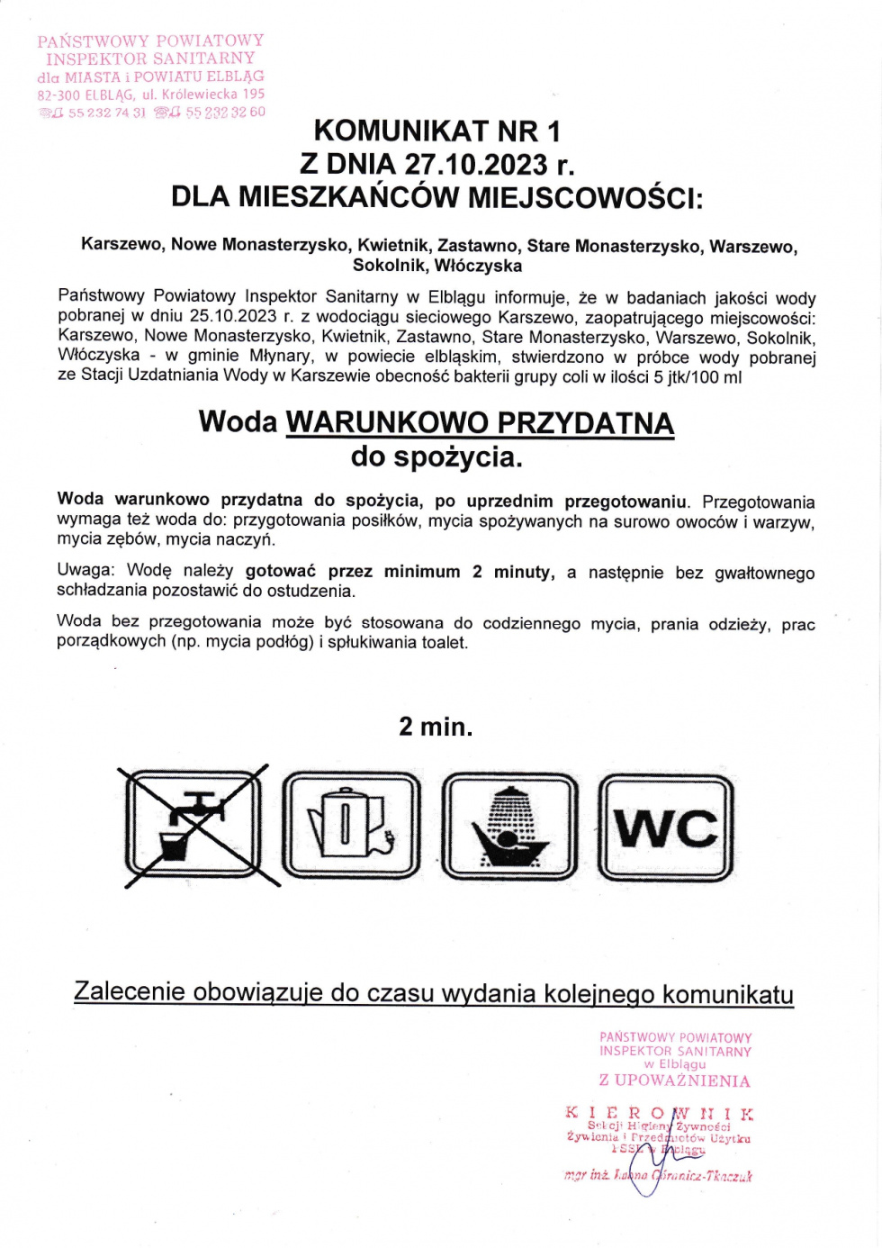 Ważny komunikat!!! Woda warunkowo zdatna do picia w wodociągu Karszewo.