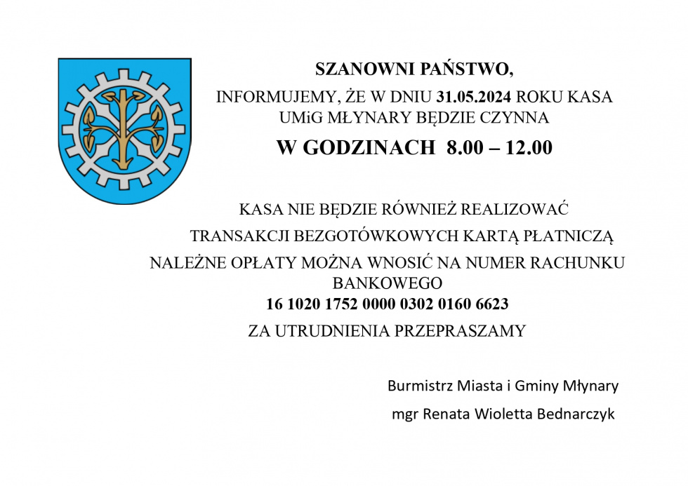 Zmiana godzin pracy kasy urzędu w dniu 31.05.2024 r.