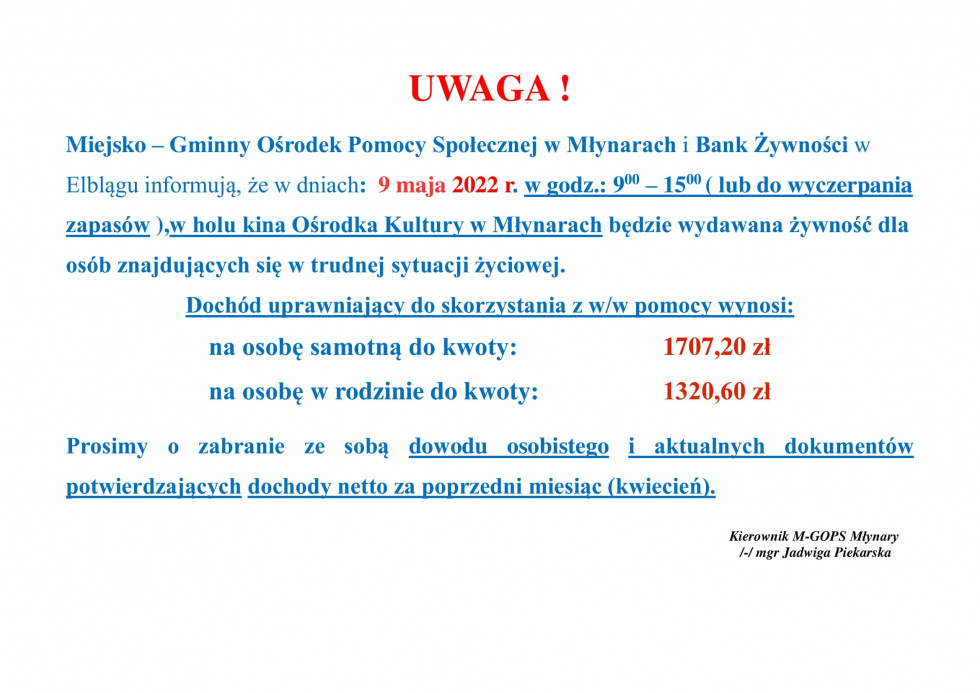 Żywność dla osób znajdujących się w trudnej sytuacji życiowej.